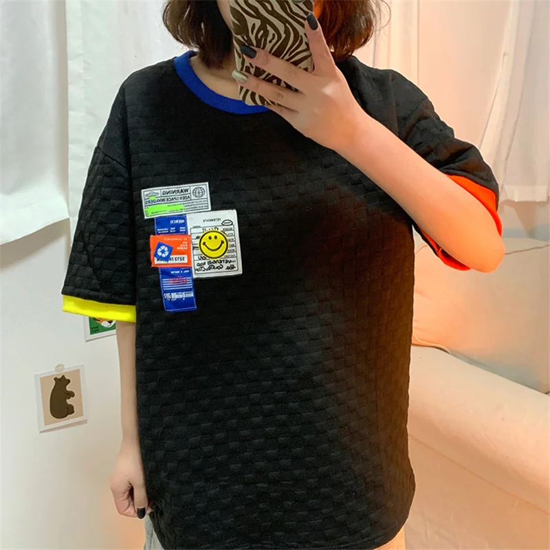 Grid Patchwork Harajuku Cartoons O-Neck Short-Sleeve White T-shirt Female Preppy Style Loose Sweatshirt Cotton Tops Summer 2021