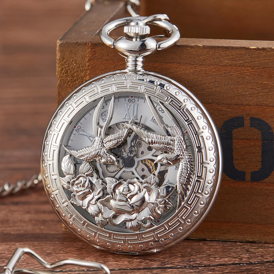 Vintage Mechanical Pocket Watch Couple Bird Flower Laser Engraved Clock Red-crowned Crane Hand Wind Necklace Men Fob Watch Chain
Vintage Mechanical Pocket Watch Couple Bird Flower Laser Engraved Clock Red-crowned Crane Hand Wind Necklace Men Fob Watch Chain