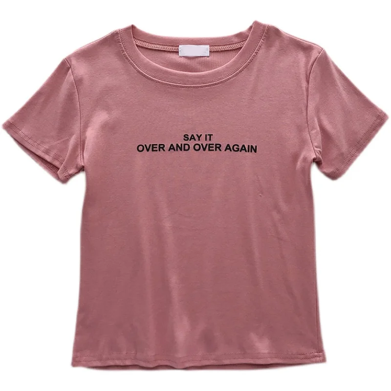 Slim-Fit T-shirt with round Neck Women's 2021 Summer New Korean Leisure Simple Letter Print Design Short Sleeve Top 
Slim-Fit T-shirt with round Neck Women's 2021 Summer New Korean Leisure Simple Letter Print Design Short Sleeve Top