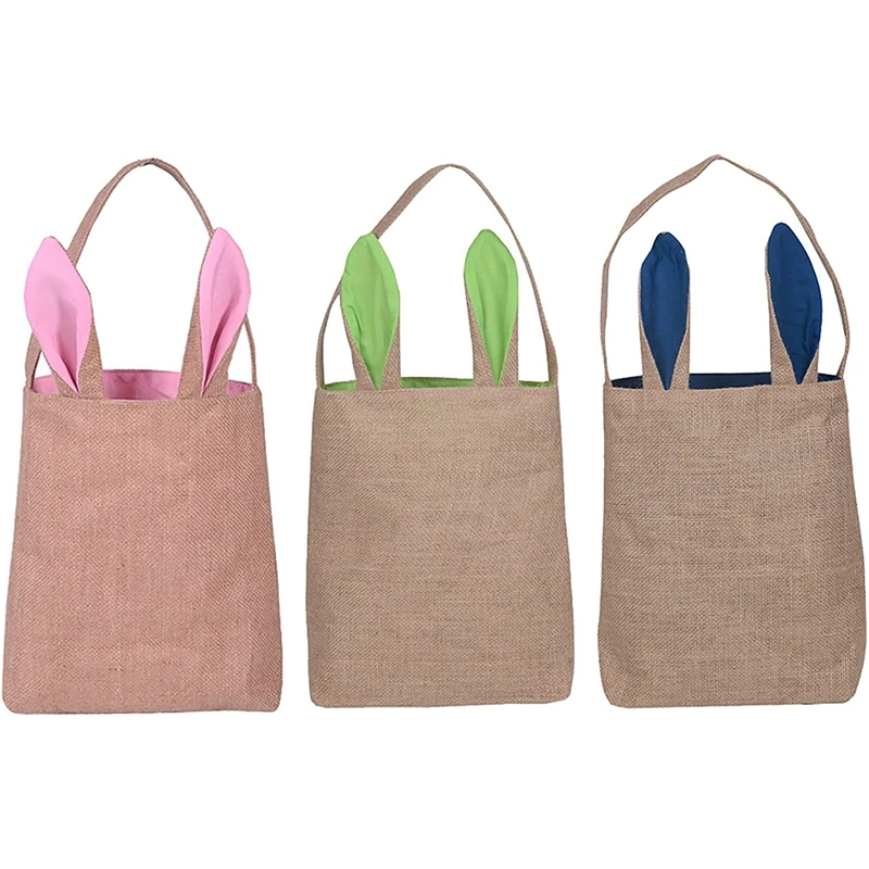 

3 Pack Easter Bunny Bags Easter Bunny Baskets Jute Burlap Dual Layer Bunny Ear Tote Bags