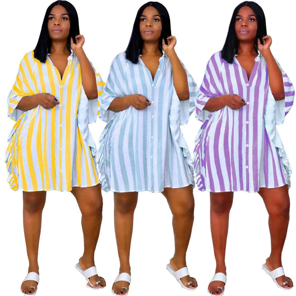 Women Dress Striped Ruffles Three Quarter Sleeve Single Breasted Loose Straight Mini Dresses Casual Outfit Summer
Women Dress Striped Ruffles Three Quarter Sleeve Single Breasted Loose Straight Mini Dresses Casual Outfit Summer
