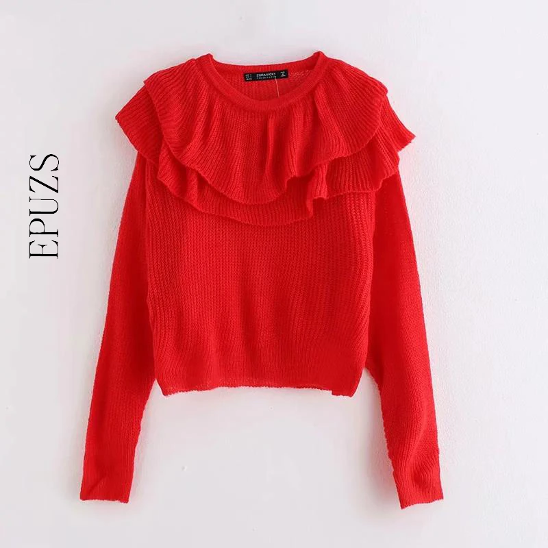

Милый красный вязаный женский свитер-пуловер с длинным рукавом, укороченный свитер, повседневный свитера с оборками, корейский теплый трикотаж