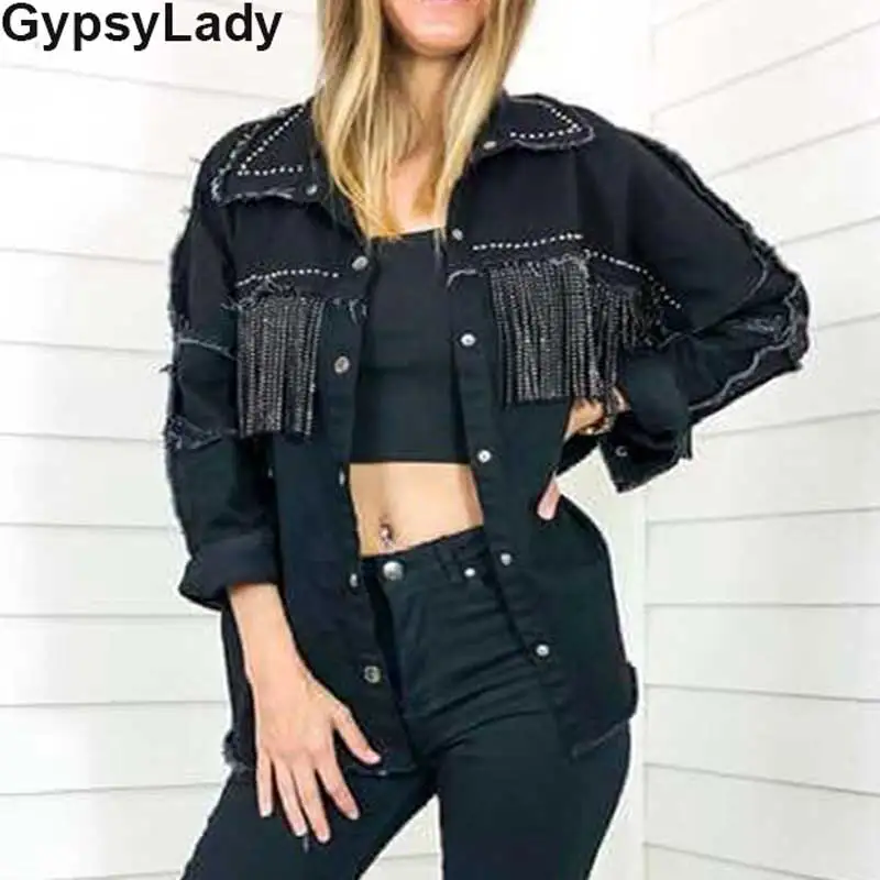 Женская джинсовая куртка GypsyLady черная осенняя с бахромой и бисером потертая