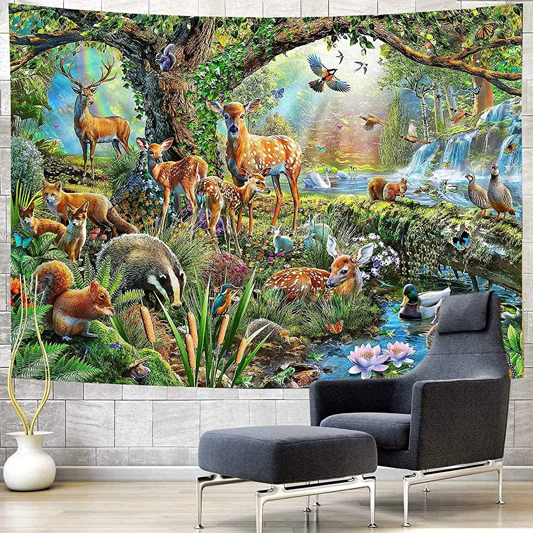 

Simsant Animal World Tapestry Fairyland Forest Psychedelic Rainbow Animal Decor Wall Tapestry Cute Funny Animals Resting