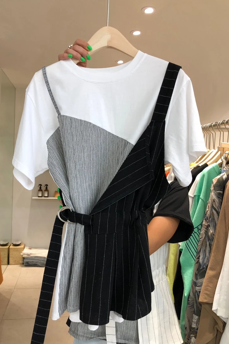 SuperAen Spring Summer 2021 New Design Sense Condole Belt Patchwork O Neck Lace-up Waist Woman Tshirts
SuperAen Spring Summer 2021 New Design Sense Condole Belt Patchwork O Neck Lace-up Waist Woman Tshirts