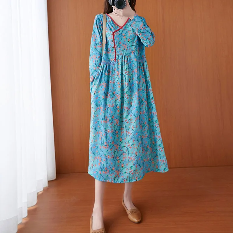 Women Cotton Linen Long Dress New Arrival 2021 Spring Arts Style Vintage Floral Print V-neck Loose Female Casual Dresses S3134
Women Cotton Linen Long Dress New Arrival 2021 Spring Arts Style Vintage Floral Print V-neck Loose Female Casual Dresses S3134