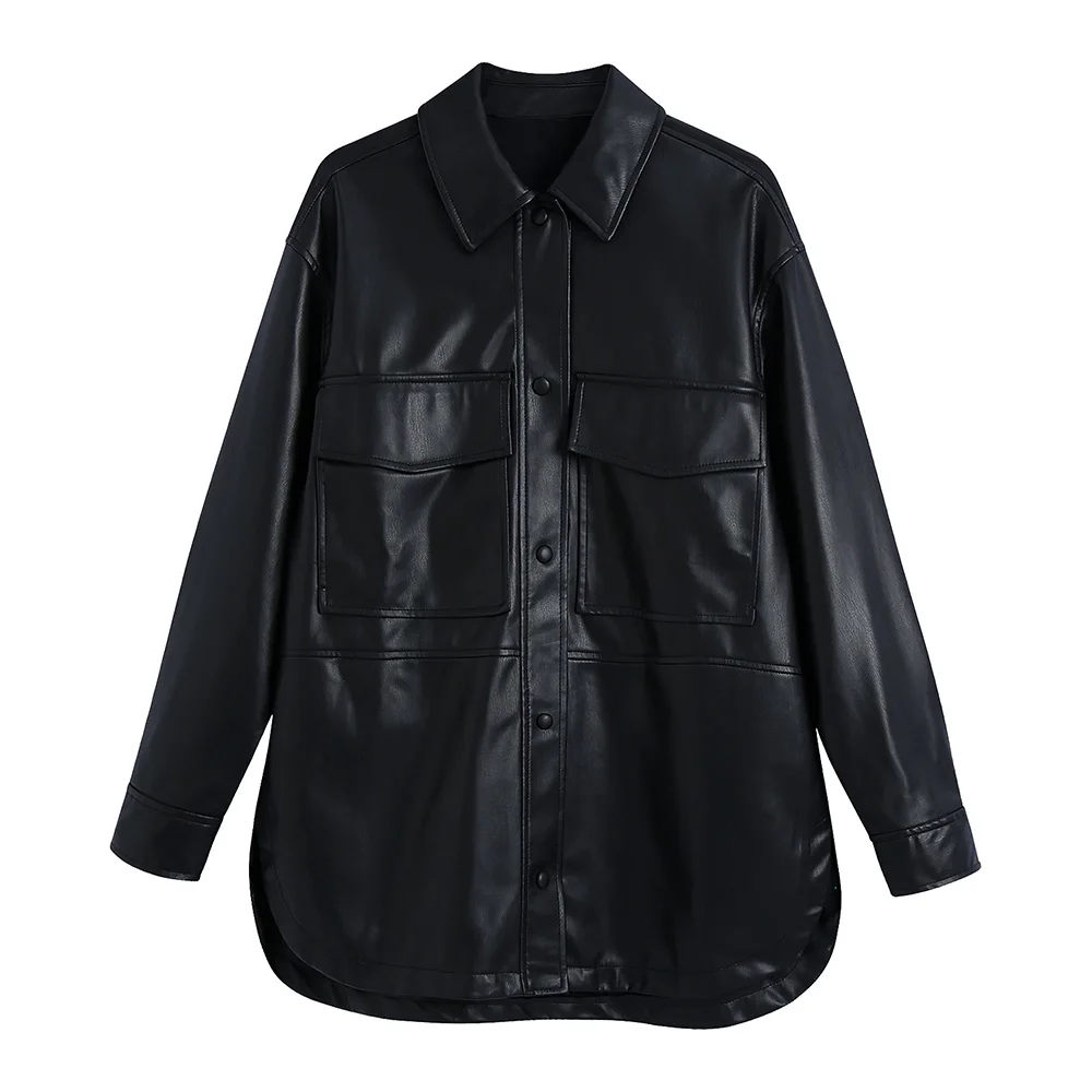 2021 Fashion Women Lapel Long Sleeve Oversized Faux Leather Jacket Pockets Button Up Black PU Leather Long Overshirt Jackets
2021 Fashion Women Lapel Long Sleeve Oversized Faux Leather Jacket Pockets Button Up Black PU Leather Long Overshirt Jackets