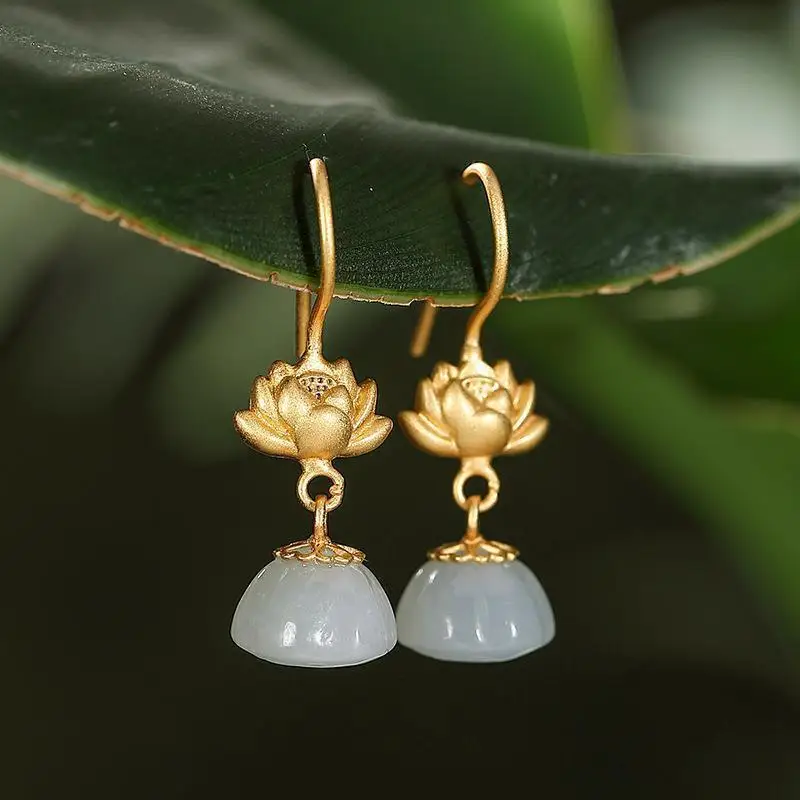 

New ancient gold craftsmanship inlaid natural Hetian jade retro style lotus earrings ladies elegant silver jewelry