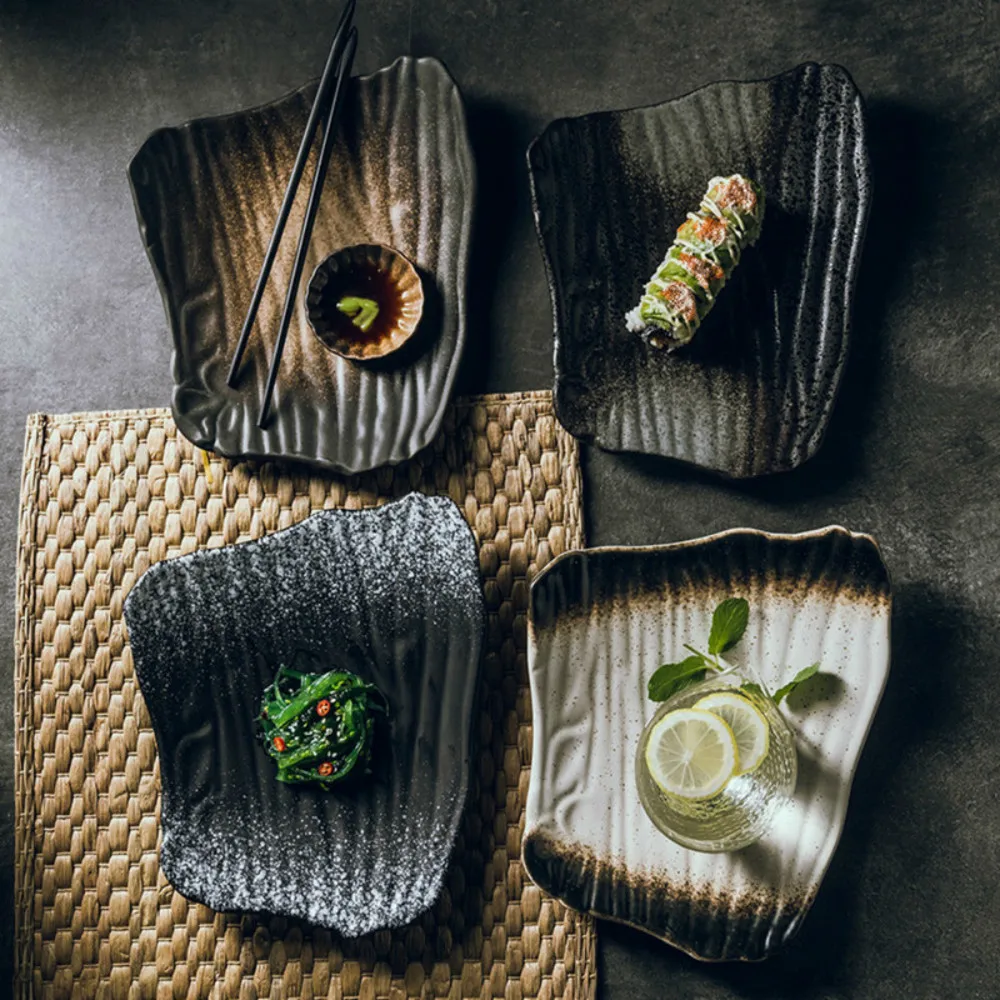 

Креативная керамическая тарелка для суши 10 дюймов в японском стиле необычная плоская тарелка Черная тарелка для завтрака домашняя тарелка ...