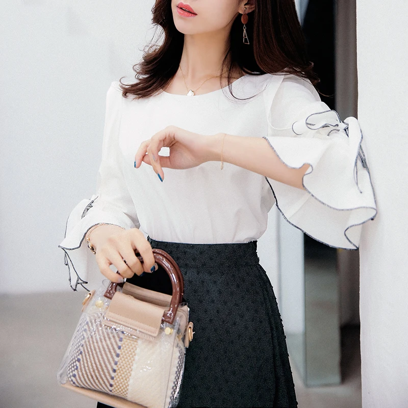 Summer Blouses Korean Style Women Tops Office Ladies Three Quarter Flare Sleeve OL White Round Neck Shirts Female Blusas TB830
Summer Blouses Korean Style Women Tops Office Ladies Three Quarter Flare Sleeve OL White Round Neck Shirts Female Blusas TB830