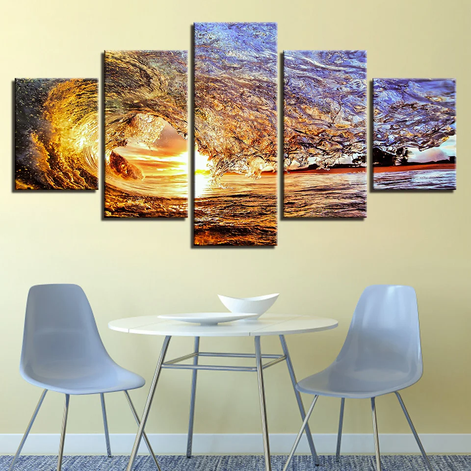 

Canvas Paintings 5 Pieces Sunset Sea Waves Seascape Posters Modern Home Wall Art Ocean Pictures Framework Living Room Home Decor