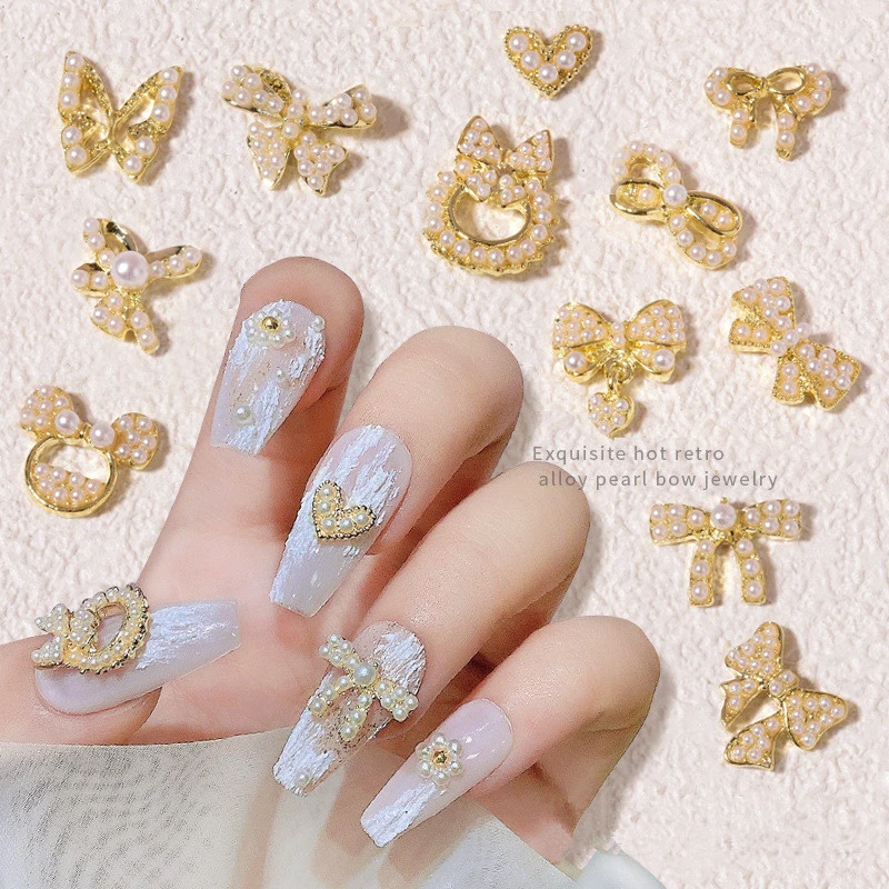 

3PCS Nail Art Pearls Jewelry Hearts Bows Butterflys With Gold Alloy For Nail Tips Decorations