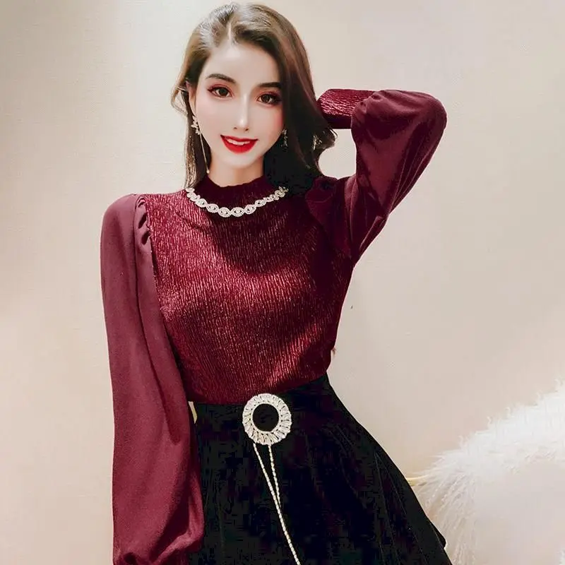 Блузка женская шифоновая с длинными рукавами и стразами, весна-осень 
Блузка женская шифоновая с длинными рукавами и стразами, весна-осень