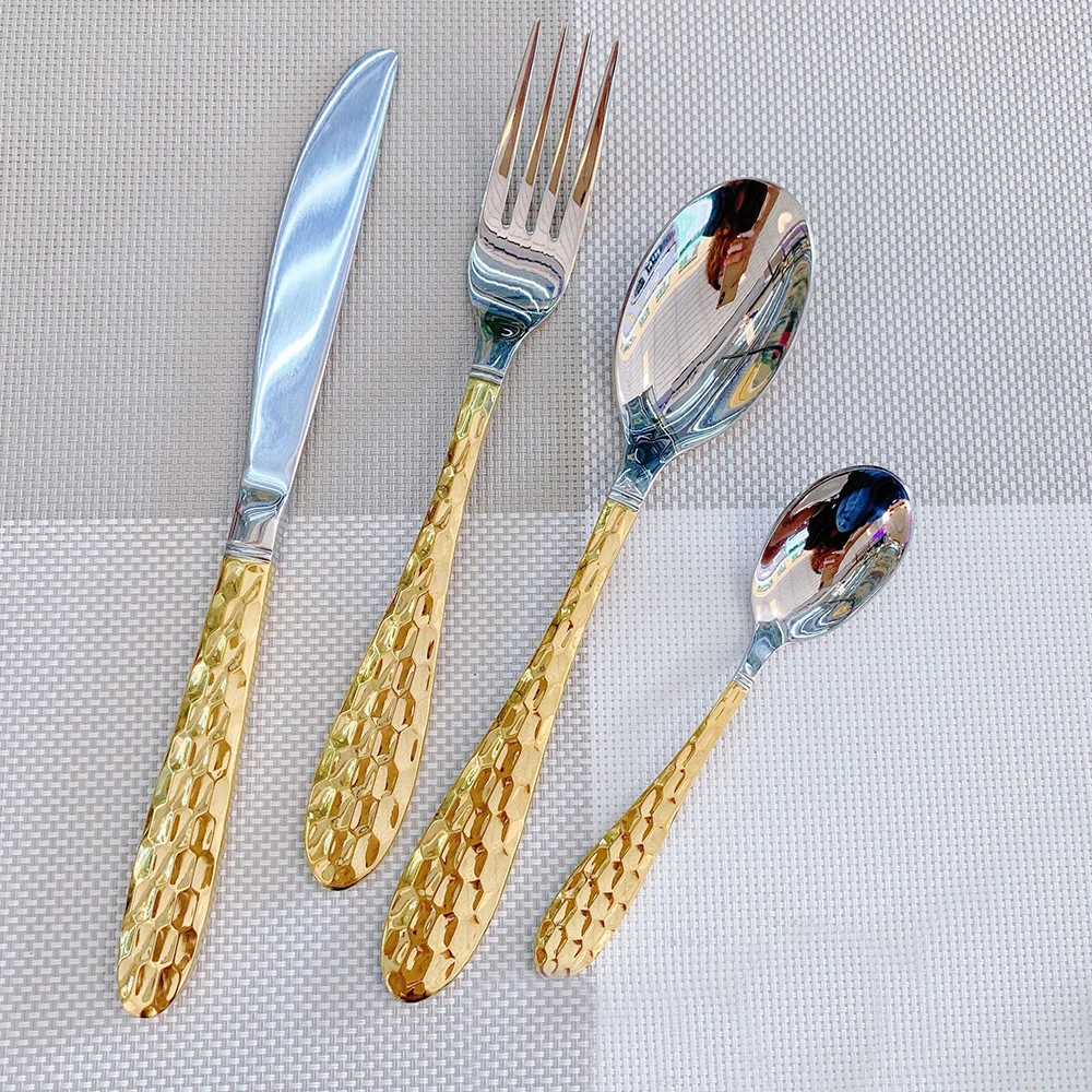 Water Cube Hammered Design 304 Stainless Steel Cutlery Set Tableware Gold Sevrice for 4 Mirror Polished Dishwasher Safe
Water Cube Hammered Design 304 Stainless Steel Cutlery Set Tableware Gold Sevrice for 4 Mirror Polished Dishwasher Safe
