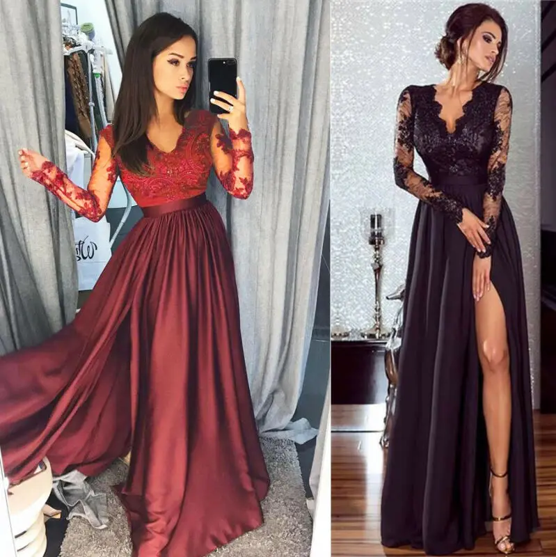 Fashion Elegant Ladies Women Sexy Long Sleeve High Waist Lace Slim Fit V Neck Party Formal Split Maxi Dress Black/Wine Red | Женская