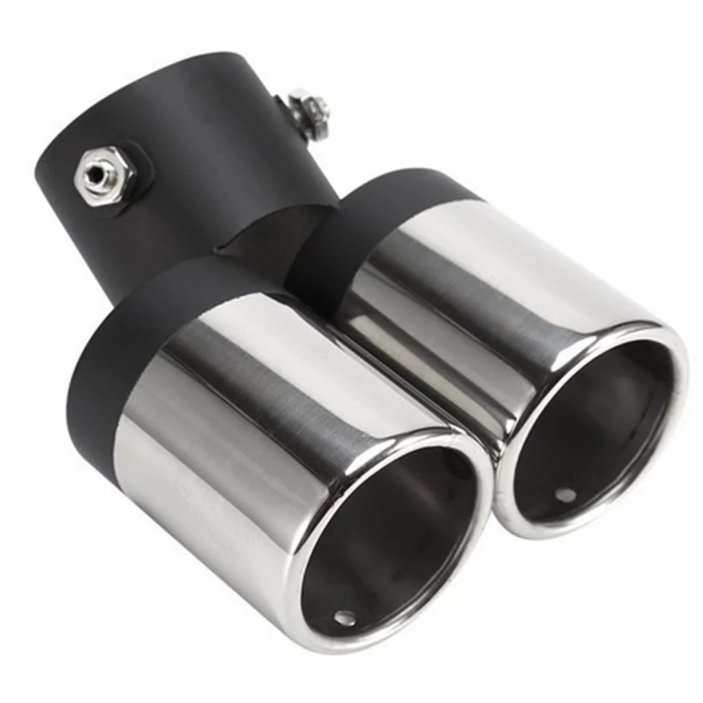 

Silver Color Double Outlets Stainless Steel Tailpipe Exhaust Muffler Tail Pipe Tip Cover (Curved Style)