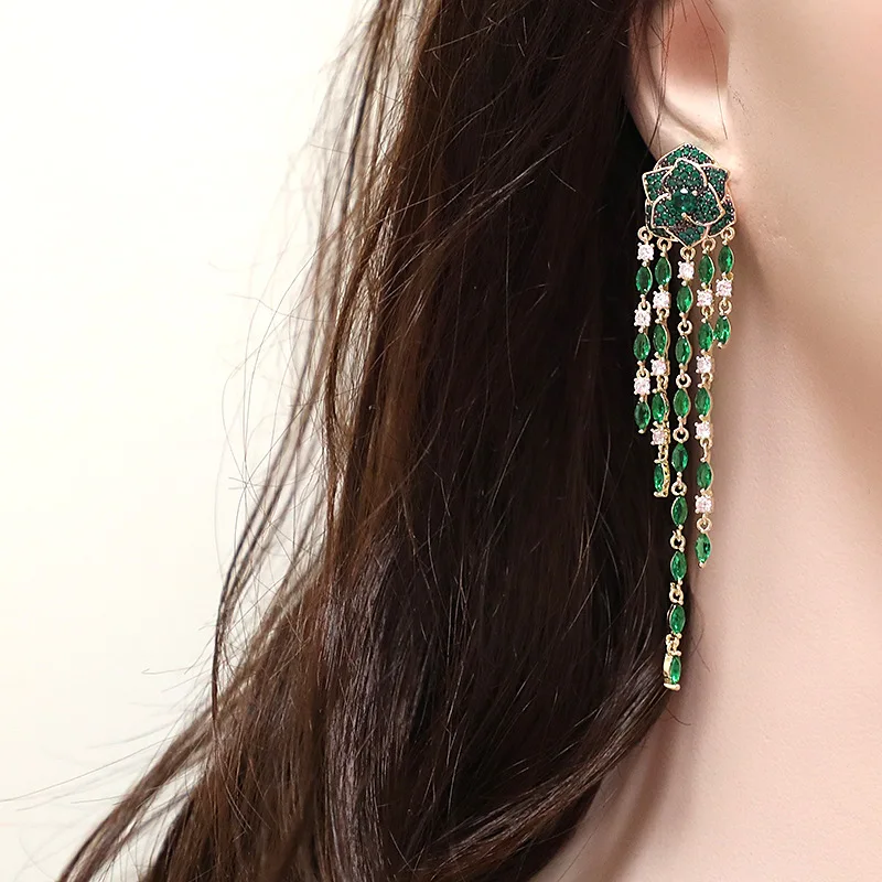 Colorful zircon rose flower tassel long earrings 210318-08 
Colorful zircon rose flower tassel long earrings 210318-08