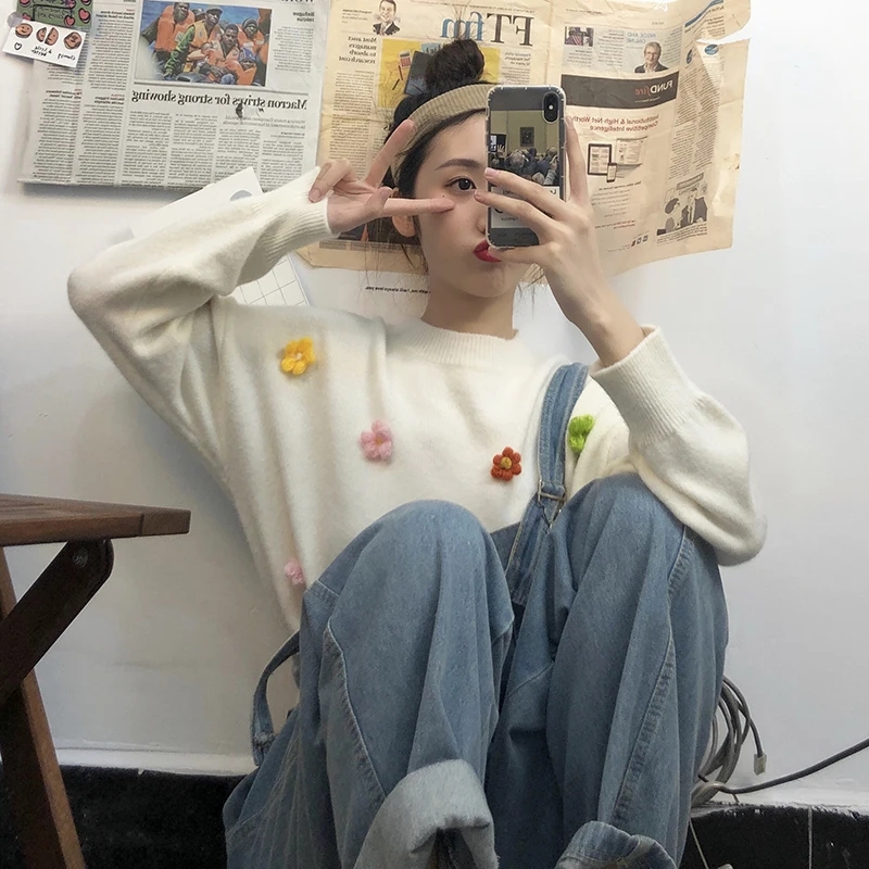 Свободный милый свитер с круглым вырезом и цветами женские свитера японская