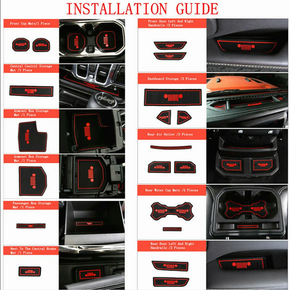 19Pcs Accessories Door Mats Gate Slot Mat Cup Pads Red Trim Interior Mat For 2018-2020 Jeep Wrangler JL Easy Installed
19Pcs Accessories Door Mats Gate Slot Mat Cup Pads Red Trim Interior Mat For 2018-2020 Jeep Wrangler JL Easy Installed