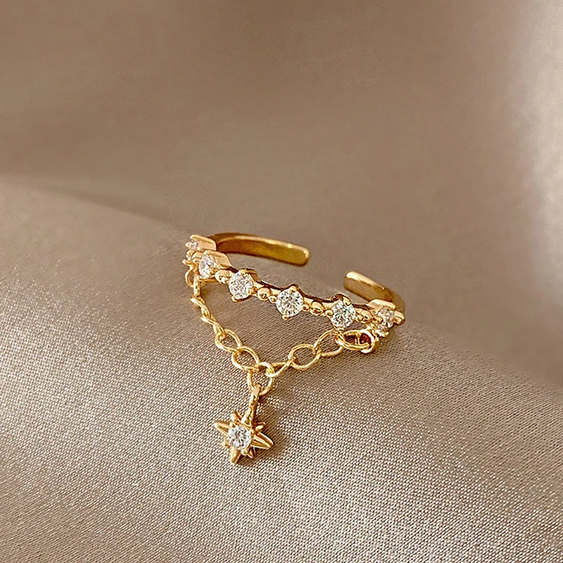 Fashion Star Metal Women Open Rings Double Layer Short Tassel Chain Star Ring Temperament Ladies Party Wedding Jewelry
Fashion Star Metal Women Open Rings Double Layer Short Tassel Chain Star Ring Temperament Ladies Party Wedding Jewelry