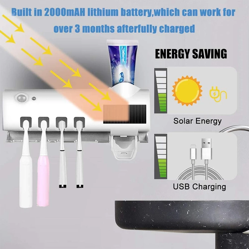 UV Toothbrush Holder,Solar Powered Wall Mounted Toothpaste Dispenser with Sterilizer-Function,Toothbrush Organizer
UV Toothbrush Holder,Solar Powered Wall Mounted Toothpaste Dispenser with Sterilizer-Function,Toothbrush Organizer