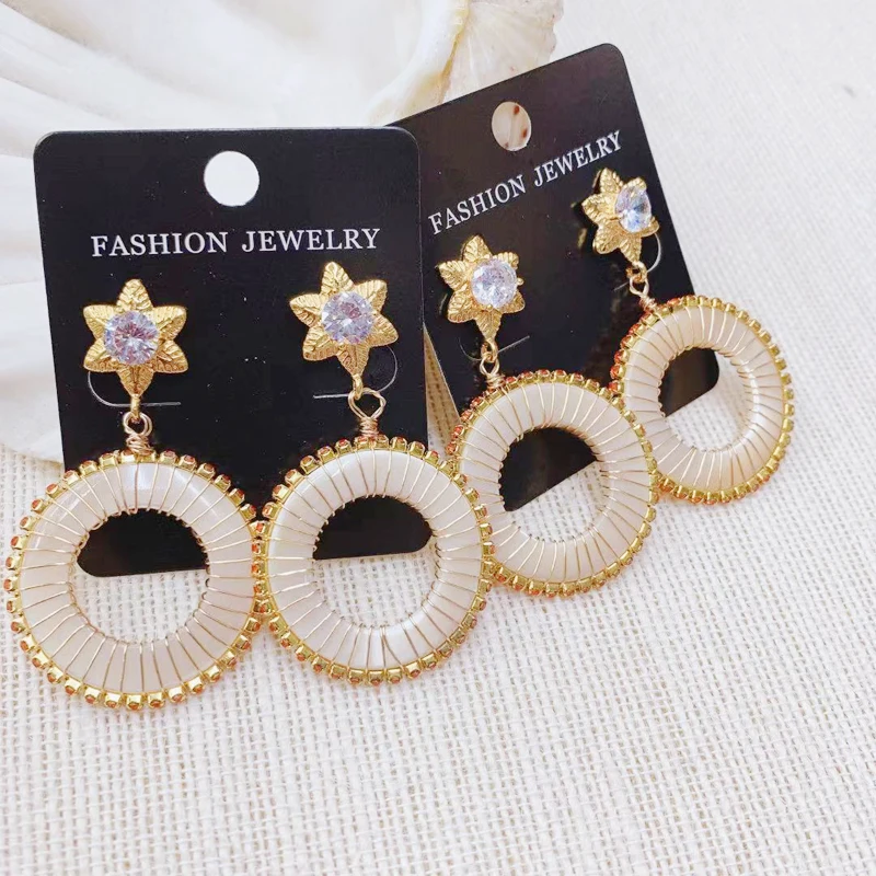 

2020 Shiny Crystal Shell Earring New Round Luxury Shell Dangle Earrings For Woman 24K Gold Plated 3Pairs Wholesale