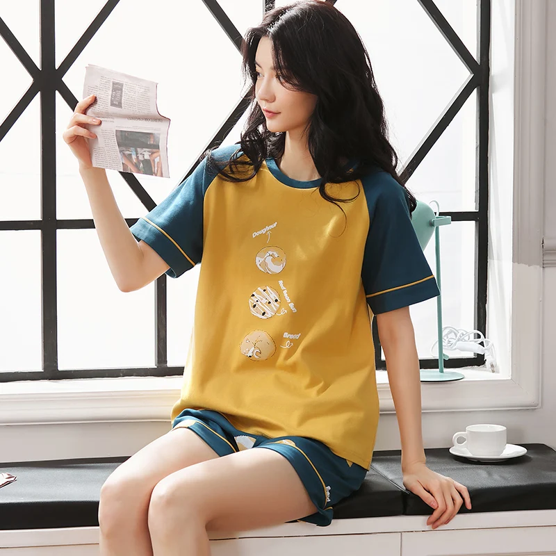 Plus Size Women Home Wear Leisure Short Sleeve Summer Pajamas Sets Funny Cartoon Cotton Yellow Patchwork Cute Girls Sleepwear
Plus Size Women Home Wear Leisure Short Sleeve Summer Pajamas Sets Funny Cartoon Cotton Yellow Patchwork Cute Girls Sleepwear
