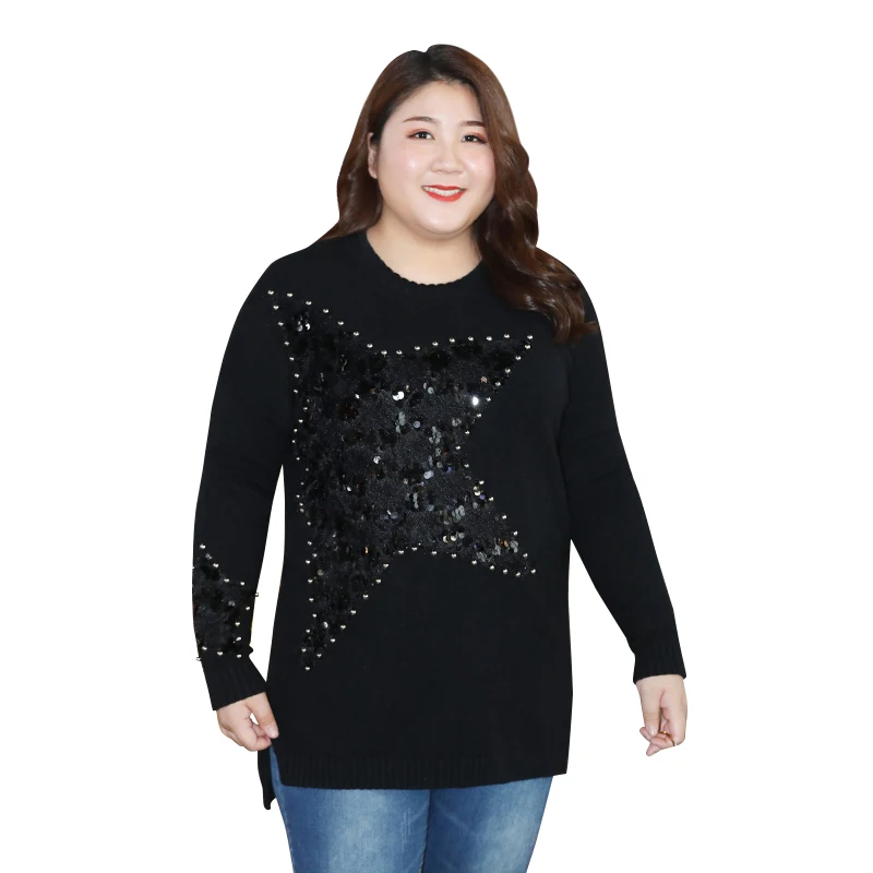 Autumn black sweater women's plus size mid-length outer wear warm sweater pullover star sequin sweater A559
Autumn black sweater women's plus size mid-length outer wear warm sweater pullover star sequin sweater A559