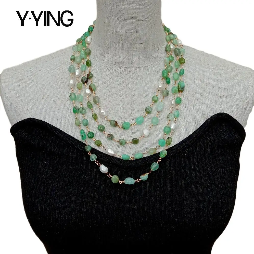 

Y·YING 4 strands Natural Green Chrysoprases Cultured White Baroque Pearl choker Necklace 19" for women
