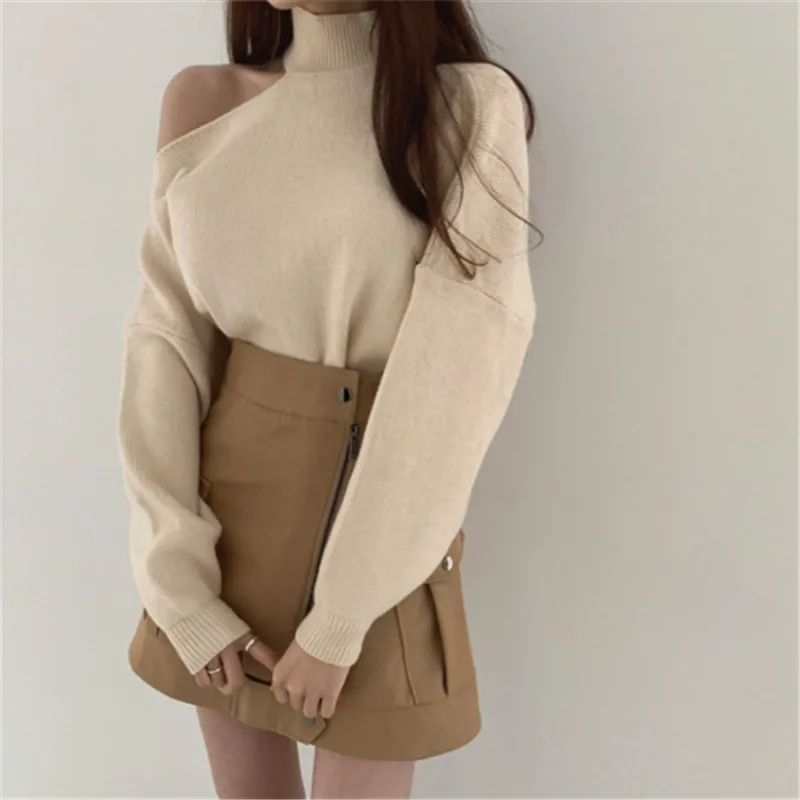 Elegant Sexy Cut-off Shoulder Turtleneck Sweater Women Casual Loose Batwing Sleeve Knitted Top Pullover Autumn Winter Sweaters | Женская