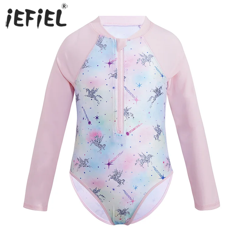 

One-piece Kids Girls Swimsuit Long Sleeves Palm Printed Zippered For Children Swimming Kids Swimwear Bathing Suit Rash Guard