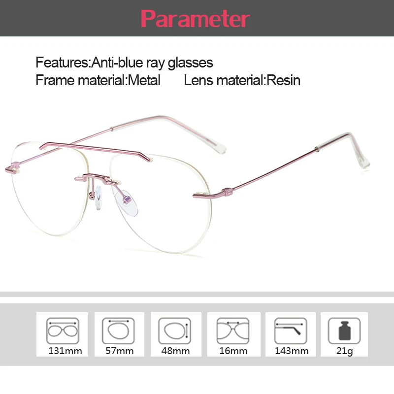 Pilot Rimless Anti Blue Ray Glasses Women Fashion Metal Lightweight Computer Cellphone Glasses Trendy Men Oval Eyeglasses Frame
Pilot Rimless Anti Blue Ray Glasses Women Fashion Metal Lightweight Computer Cellphone Glasses Trendy Men Oval Eyeglasses Frame