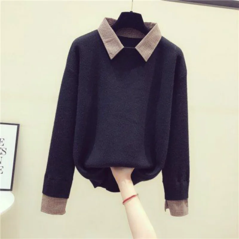 2021 New Spring Autumn Women Tops Fake Two-piece Shirt Turn-down Collar Sweater Slim Casual Fashion Clothing Women Sweater Y224
2021 New Spring Autumn Women Tops Fake Two-piece Shirt Turn-down Collar Sweater Slim Casual Fashion Clothing Women Sweater Y224