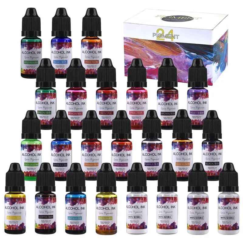 

24 Colors 10ML Art Ink Alcohol Resin Pigment Kit Liquid Resin Colorant Dye Ink Diffusion UV Epoxy Resin DIY Jewelry Making