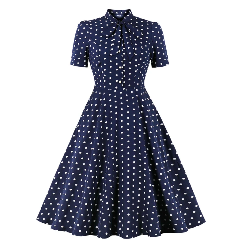 

Fashion Summer women clothing Short sleeve Blue Polka Dot Printed bow Vintage 50s 60s Rockabilly pin up skater dress