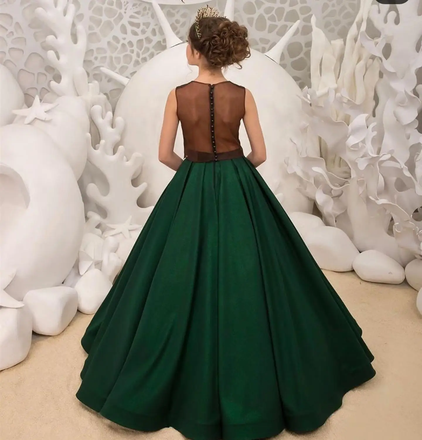 2020 винтажное зеленое кружевное бальное платье без рукавов с цветами для девочек
