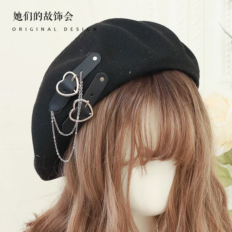 

Lolita Girl Gothic Style Beret Soft Sister JK Kawaii Beanie Elegant Hat Summer Breathable Women Fashion Sweet Handmade Chic