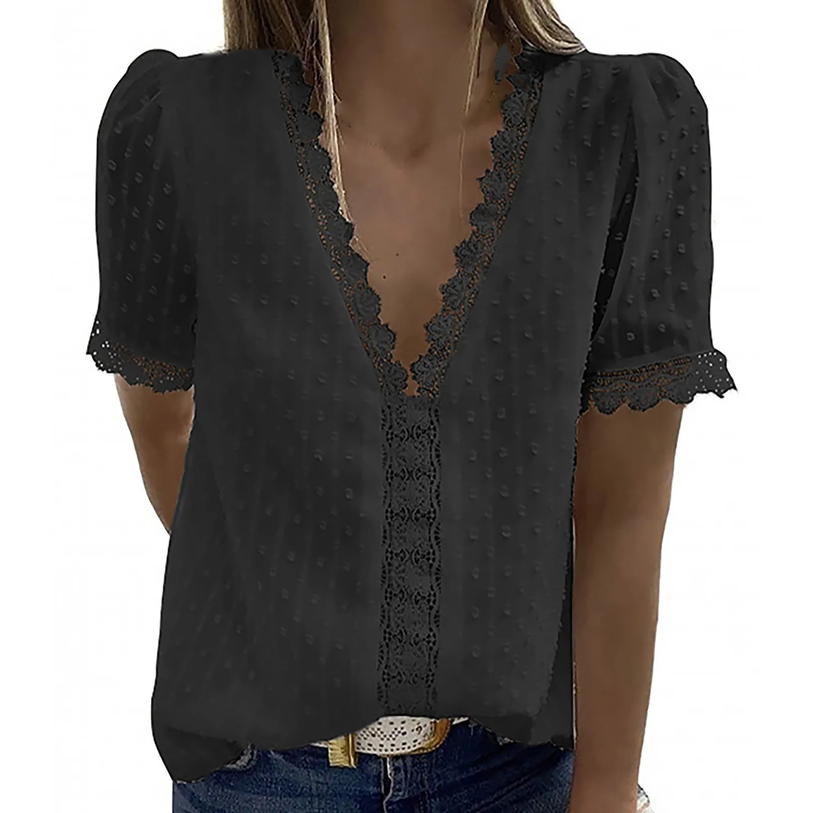 Fashion Women Lace Trim Short Sleeve T-shirt V-Neck Solid Color Tee Lady Girls Sexy Jacquard Tops 2021 Summer Streetwear A30
Fashion Women Lace Trim Short Sleeve T-shirt V-Neck Solid Color Tee Lady Girls Sexy Jacquard Tops 2021 Summer Streetwear A30