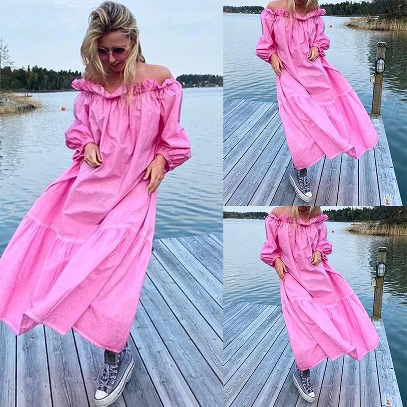 Casual Off Shoulder Ruffle Long Sleeve Women Dress High Waist Loose Patchwork Dresses Autumn Solid Pink Dress Vestidos 2021
Casual Off Shoulder Ruffle Long Sleeve Women Dress High Waist Loose Patchwork Dresses Autumn Solid Pink Dress Vestidos 2021