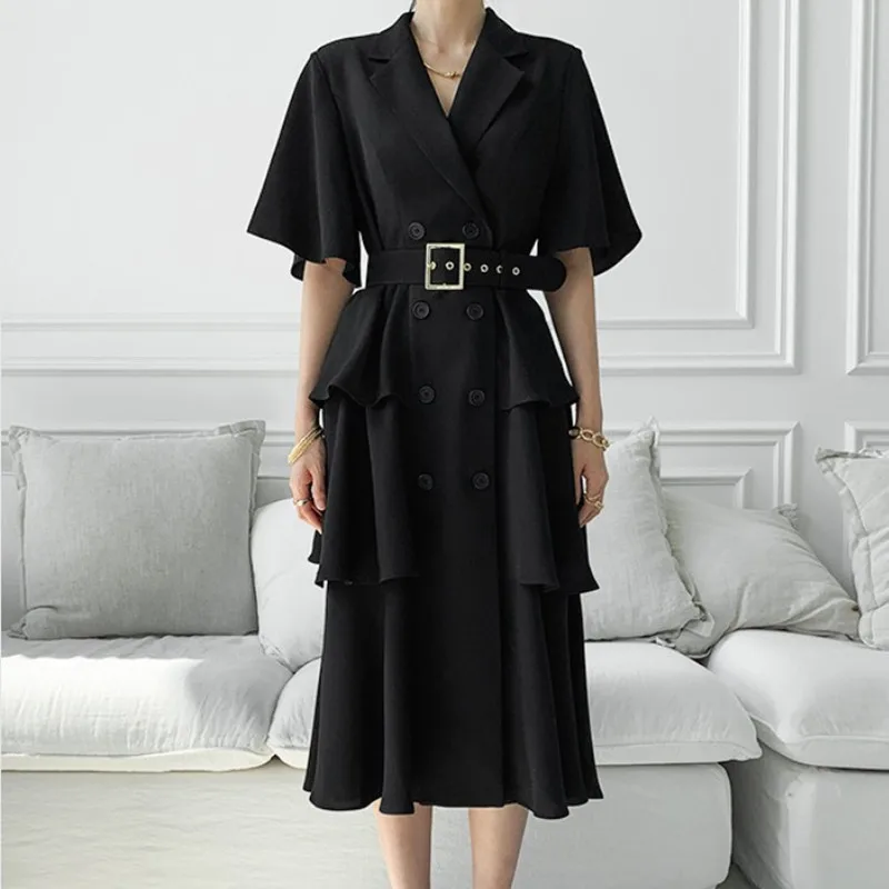 ZAWFL Elegant Short Sleeve Double-breasted Notched Long Dress Stylish Belt Slim Safari Summer Dress 2021