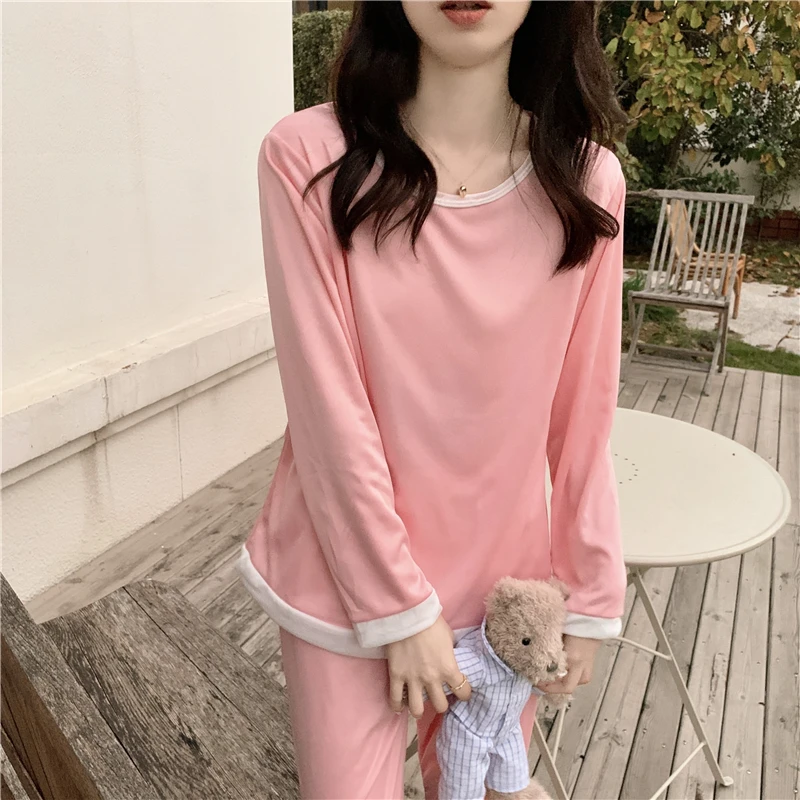 Повседневный однотонный весенний пижамный комплект, Женский комплект из двух предметов, кавайная Пижама, домашняя одежда, рубашки и брюки, простой хлопковый комплект 
Повседневный однотонный весенний пижамный комплект, Женский комплект из двух предметов, кавайная Пижама, домашняя одежда, рубашки и брюки, простой хлопковый комплект