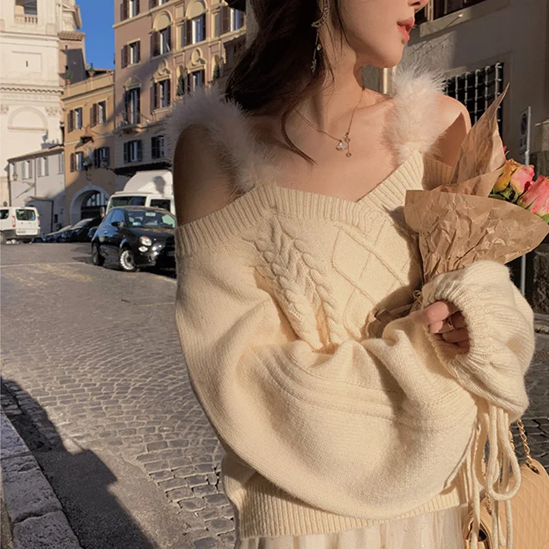 Autumn Winter Women Sweet Pink Sweater Sexy Cold Shoulder Fur Strap Long Lantern Sleeve Twist Knit Pullover Slash Neck Loose Top
Autumn Winter Women Sweet Pink Sweater Sexy Cold Shoulder Fur Strap Long Lantern Sleeve Twist Knit Pullover Slash Neck Loose Top