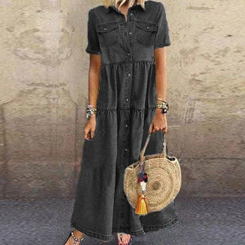 Women Elegant Turn-down Collar Denim Dress Spring Floral Print Button Shirt Dress Summer Short Sleeve A-Line Party Dress Vestido
Women Elegant Turn-down Collar Denim Dress Spring Floral Print Button Shirt Dress Summer Short Sleeve A-Line Party Dress Vestido