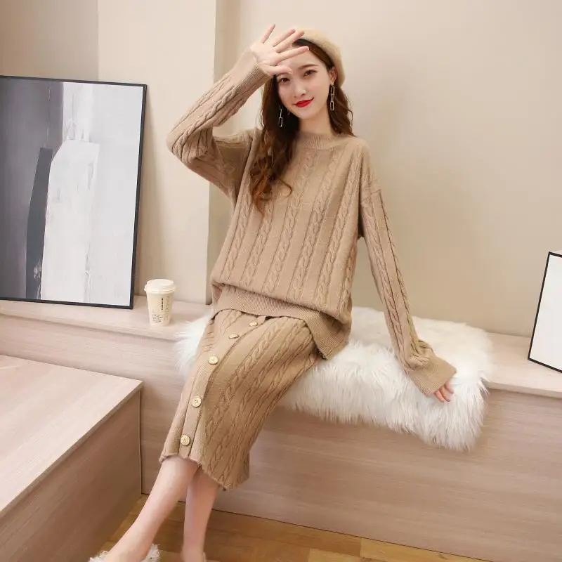 O-neck Ribbed Pullover Sweater + Single-breasted Mid-Calf Skirt Womens Casual Solid Loose Knitted Two Pieces Suit
O-neck Ribbed Pullover Sweater + Single-breasted Mid-Calf Skirt Womens Casual Solid Loose Knitted Two Pieces Suit