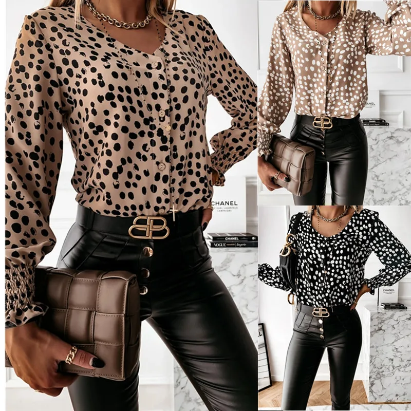 Elegant Leopard Dot Print Shirts Women 2021 New Autumn Long Sleeve V-Neck Pullover Tops Office Lady Casual Loose Button Blouse
Elegant Leopard Dot Print Shirts Women 2021 New Autumn Long Sleeve V-Neck Pullover Tops Office Lady Casual Loose Button Blouse