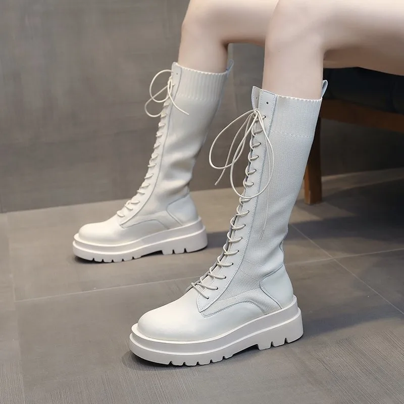 Women Sock Boots Autumn Lace up Mid Calf Boots Female High Platform Sock Shoes Fashion Beige Stockings Boots Mid-calf
Women Sock Boots Autumn Lace up Mid Calf Boots Female High Platform Sock Shoes Fashion Beige Stockings Boots Mid-calf