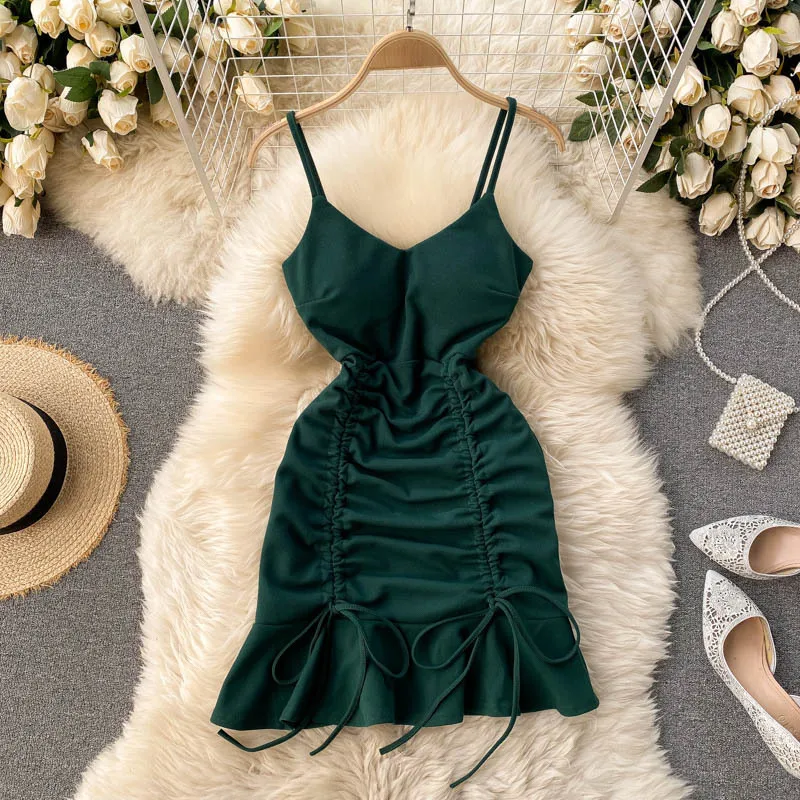 New Nightclub Skirt Sexy V-neck Chest Pad Halter Waist Slimming Drawstring Ruffled Sling Dress
New Nightclub Skirt Sexy V-neck Chest Pad Halter Waist Slimming Drawstring Ruffled Sling Dress