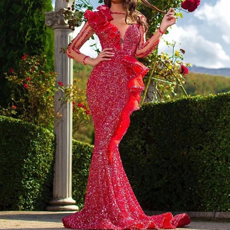 Jasmine Prom Dress Ball Gown Bright Red Long Sleeves, Mermaid Deep V-neck With Ruffles, Evening Formal Party Dresses, Open Back
Jasmine Prom Dress Ball Gown Bright Red Long Sleeves, Mermaid Deep V-neck With Ruffles, Evening Formal Party Dresses, Open Back