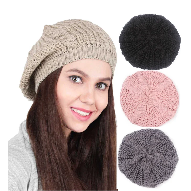 

Fashion Women Cable Knit Beret Cap Casual Berets Braided Baggy Winter Warm Wool Beanie Hat Solid Color Slouch Baggy Hat