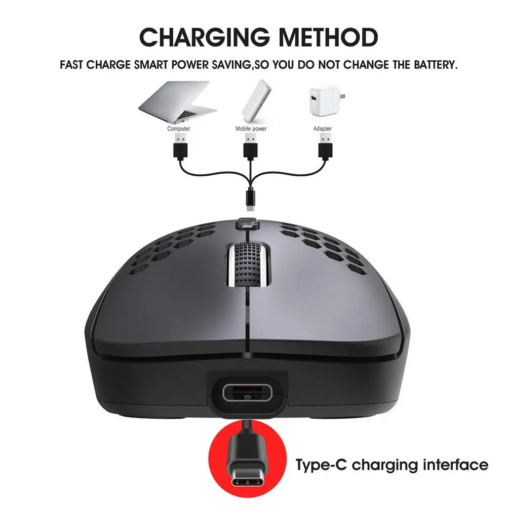 2.4G Wireless Mouse Type-C Rechargeable Gaming Mouse 3.7V/ 15mAh 6 RGB Lighting Modes Lightweight Honeycomb Gaming Mouse Hot
2.4G Wireless Mouse Type-C Rechargeable Gaming Mouse 3.7V/ 15mAh 6 RGB Lighting Modes Lightweight Honeycomb Gaming Mouse Hot
